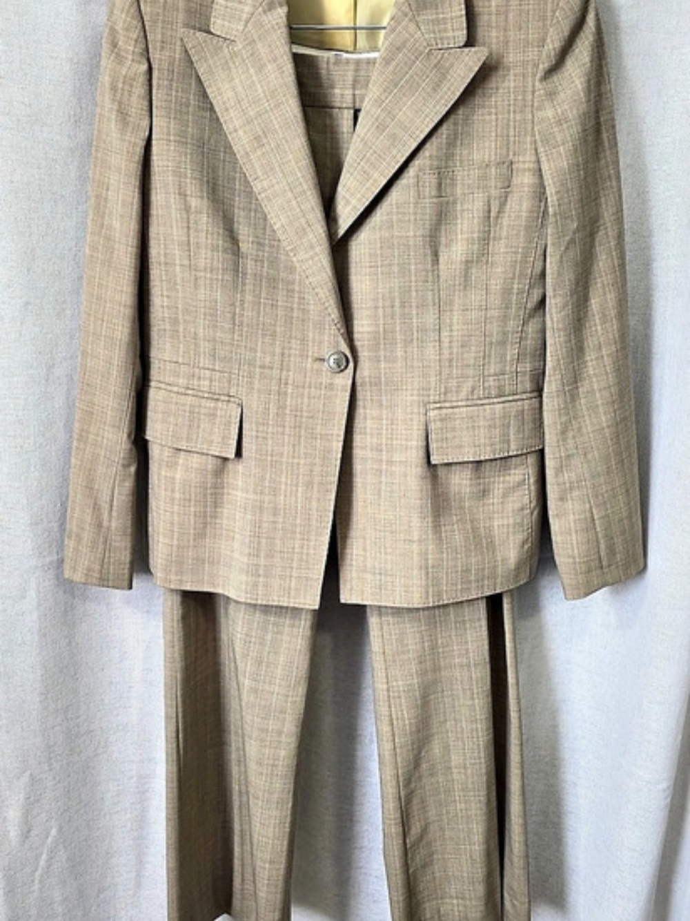 Anne Klein Wool Blend Tan Plaid 2 Piece Pantsuit Set Neutral Academia 10P